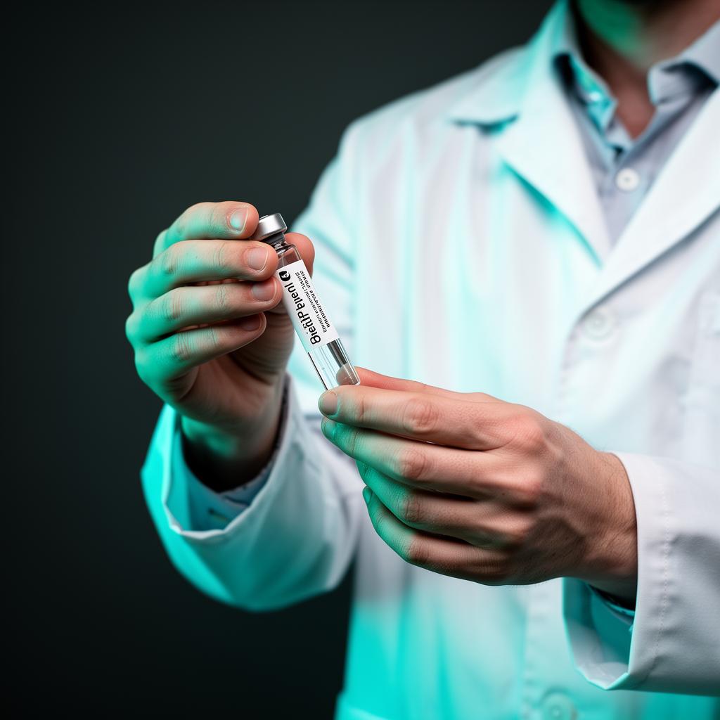 Researcher inspecting sterile peptide vial