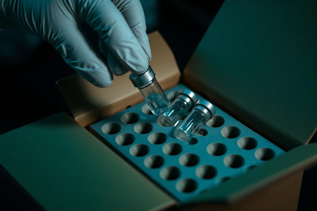 Gloved hand placing glass vials into foam packaging